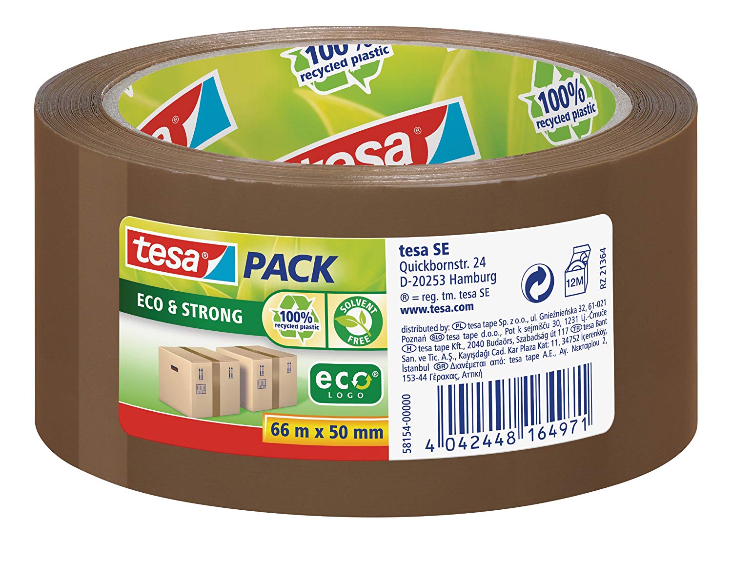 tesapack Eco & Strong, Environmentally Friendly Packing Tape Made of 100% Recycled Plastic, UV-Resistant and Age-Resistant