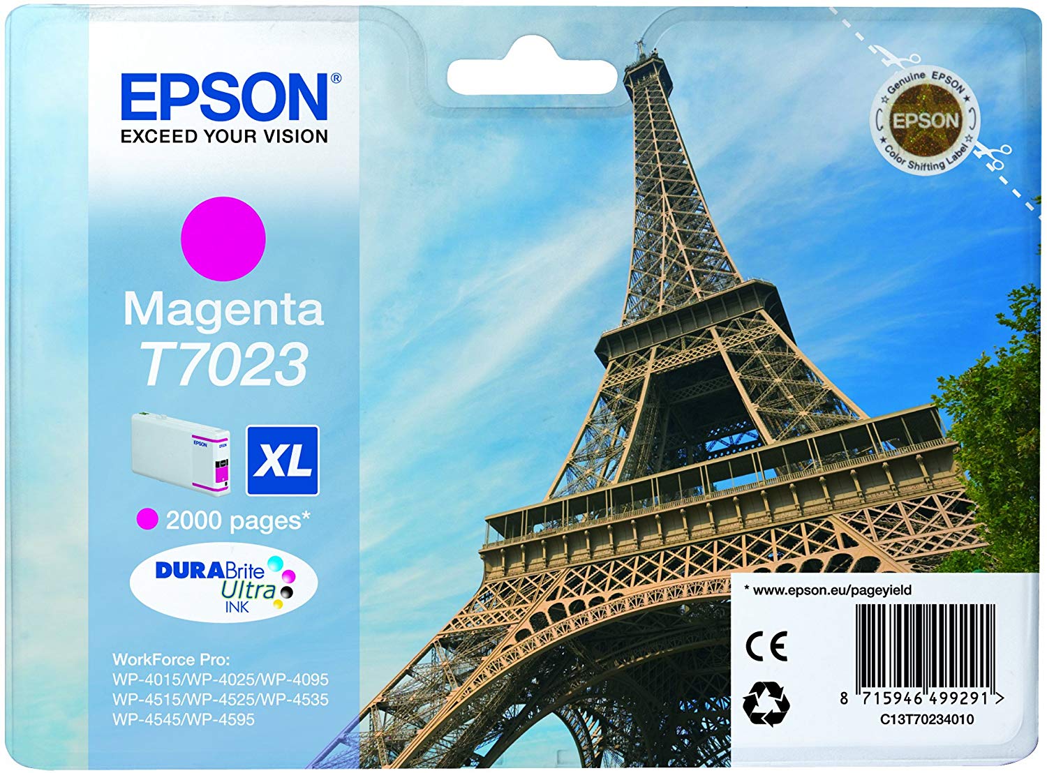 Epson T7023 Eiffel Magenta Genuine, XL High Yield Ink Cartridge DuraBrite Ultra