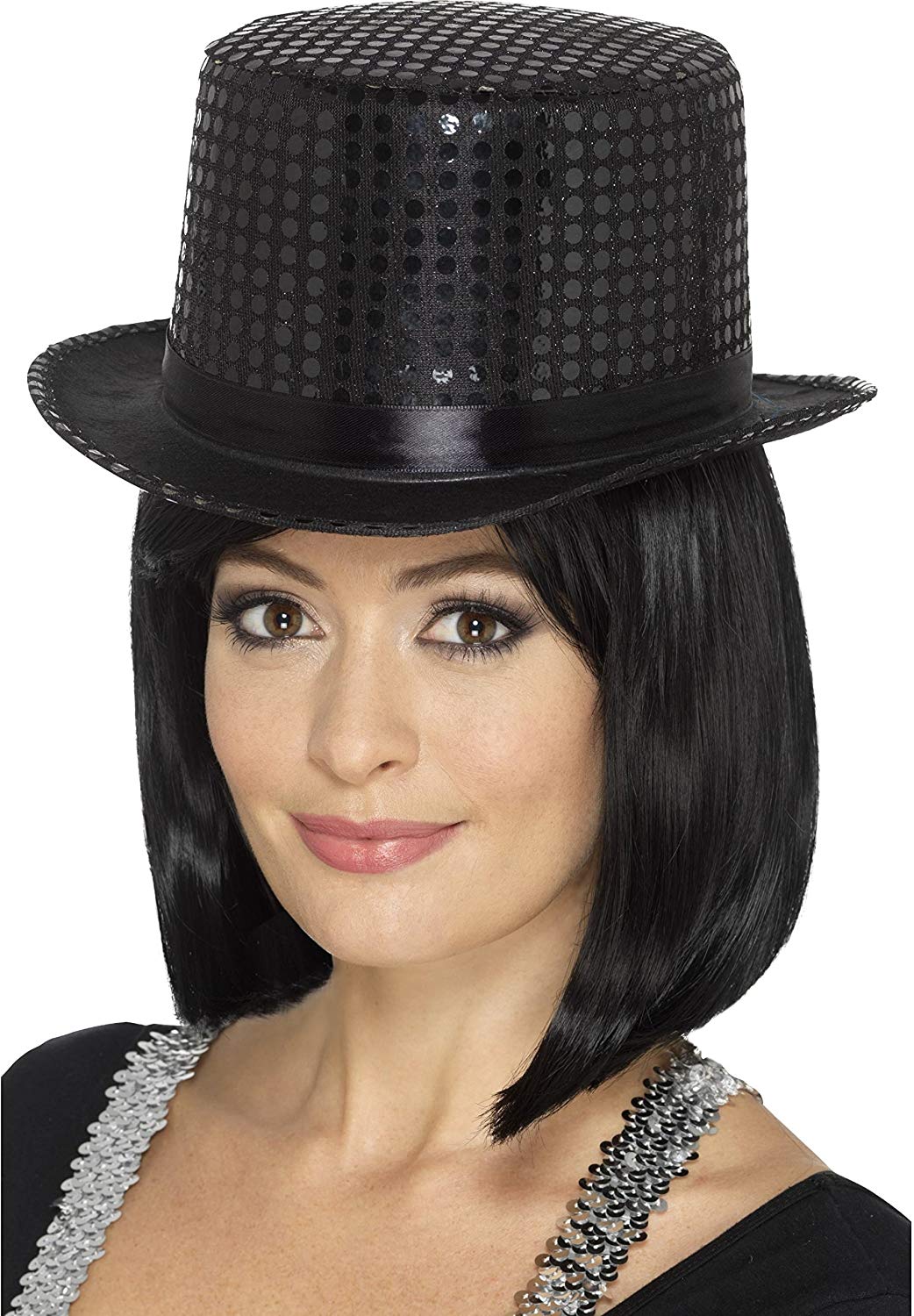 Smiffys Sequin Top Hat, Black with Elastic Inner Rim, Party & Carnival Fancy Dress, Adult Dress Up Hats - Image 2