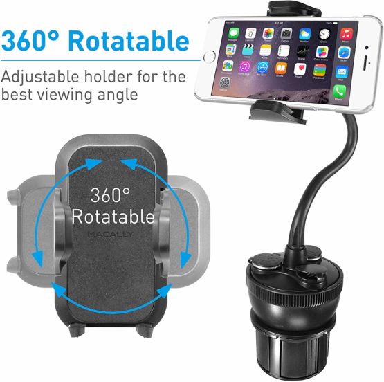 Macally MCUPPOWER 8-Inch (20 Centimeter) Super-Long Adjustable Car Cup Mount Phone Holder with 2 USB Ports and 2 Cigarette Lighter Sockets - Image 3