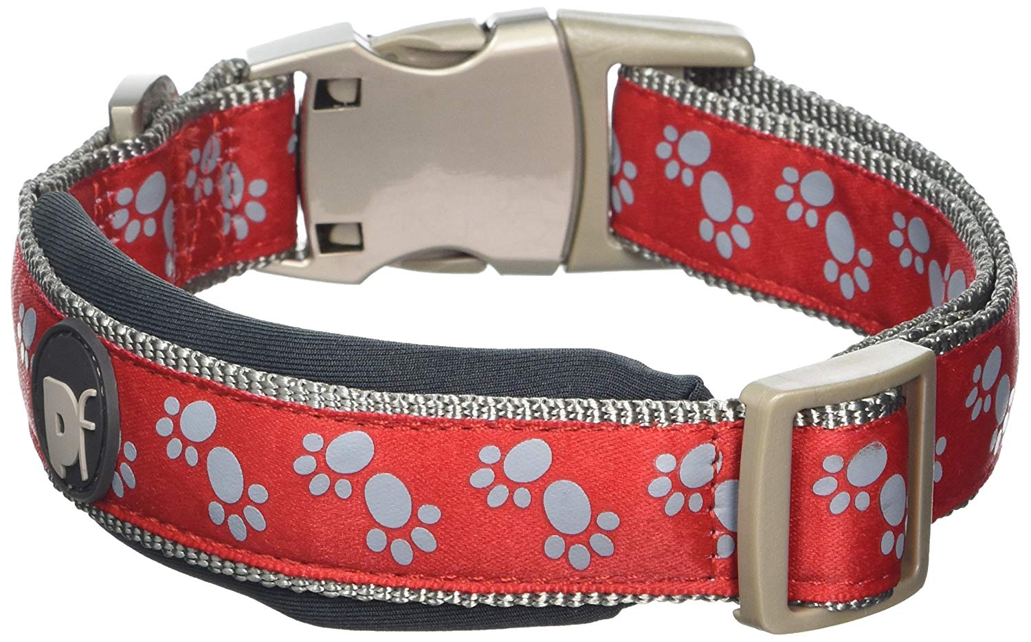Petface Signature Padded Dog Collar, Small, Red With Grey Paws, Paw Print - Red/Grey