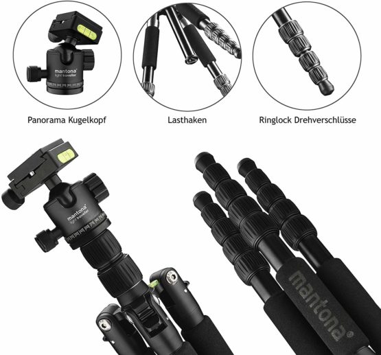 Mantona Light Traveller Aluminium Travel Tripod with Arca-Swiss Compatible Panorama Ball Head, Very Compact and Lightweight, Ideal for Outdoor and Travel Photography) - Image 3