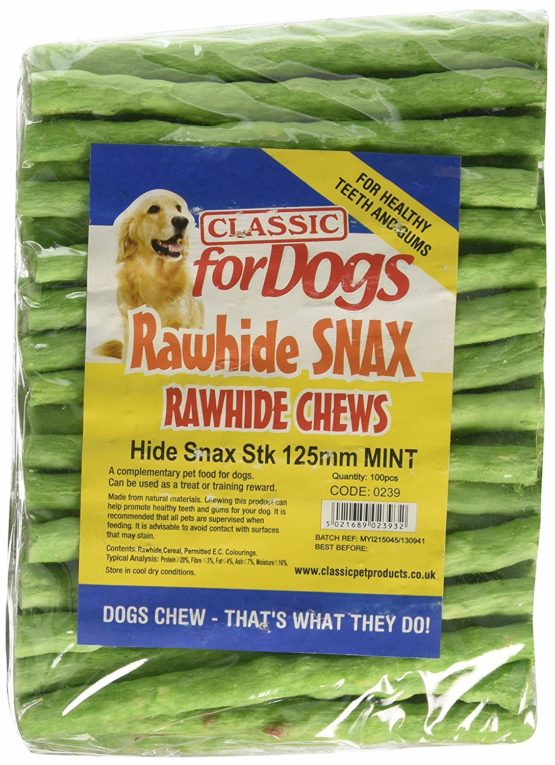 Classic Pet Products 100 Percent Hide Snax Sticks, 125 mm, Spearmint, Pack of 100
