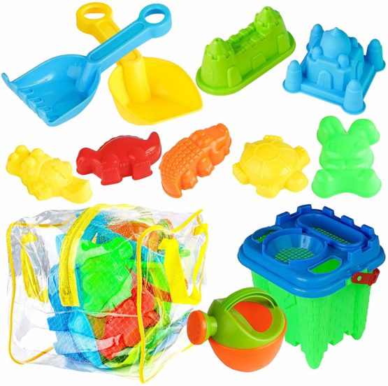 Bramble - 13 Pack Beach Toy Set with Bag - Moulds, Bucket, Spade, Rake + More