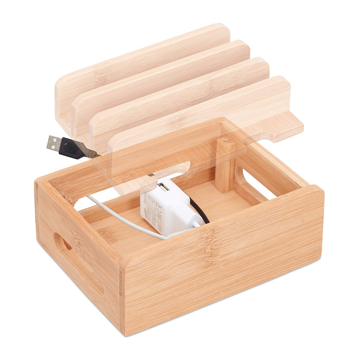 Relaxdays Bamboo Docking Station, Desk Phone Stand for 6 Devices, Wooden Cable Box, HWD 9 x 17 x 13 cm, Natural - Image 4