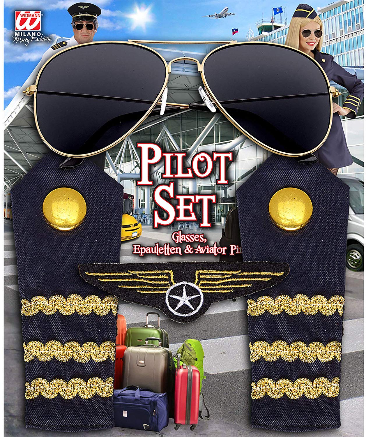 WIDMANN 00085 Pilot Set, 3 Pieces, Sunglasses, Epaulettes, Badge, Disguise Set, Accessory, Carnival, Theme Party (Blue/Gold) - Image 2
