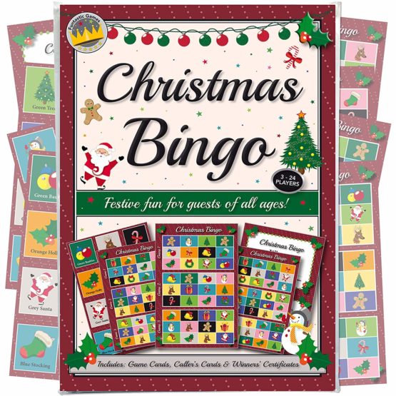 Christmas Party Bingo Game: Fun for guests of all ages - more entertaining than a xmas quiz! Novelty gift idea for a family stocking filler bag or secret Santa present. Includes 8 games sheets that cut to provide 24 games. Great activity for work, school, club, office party or even the pub!
