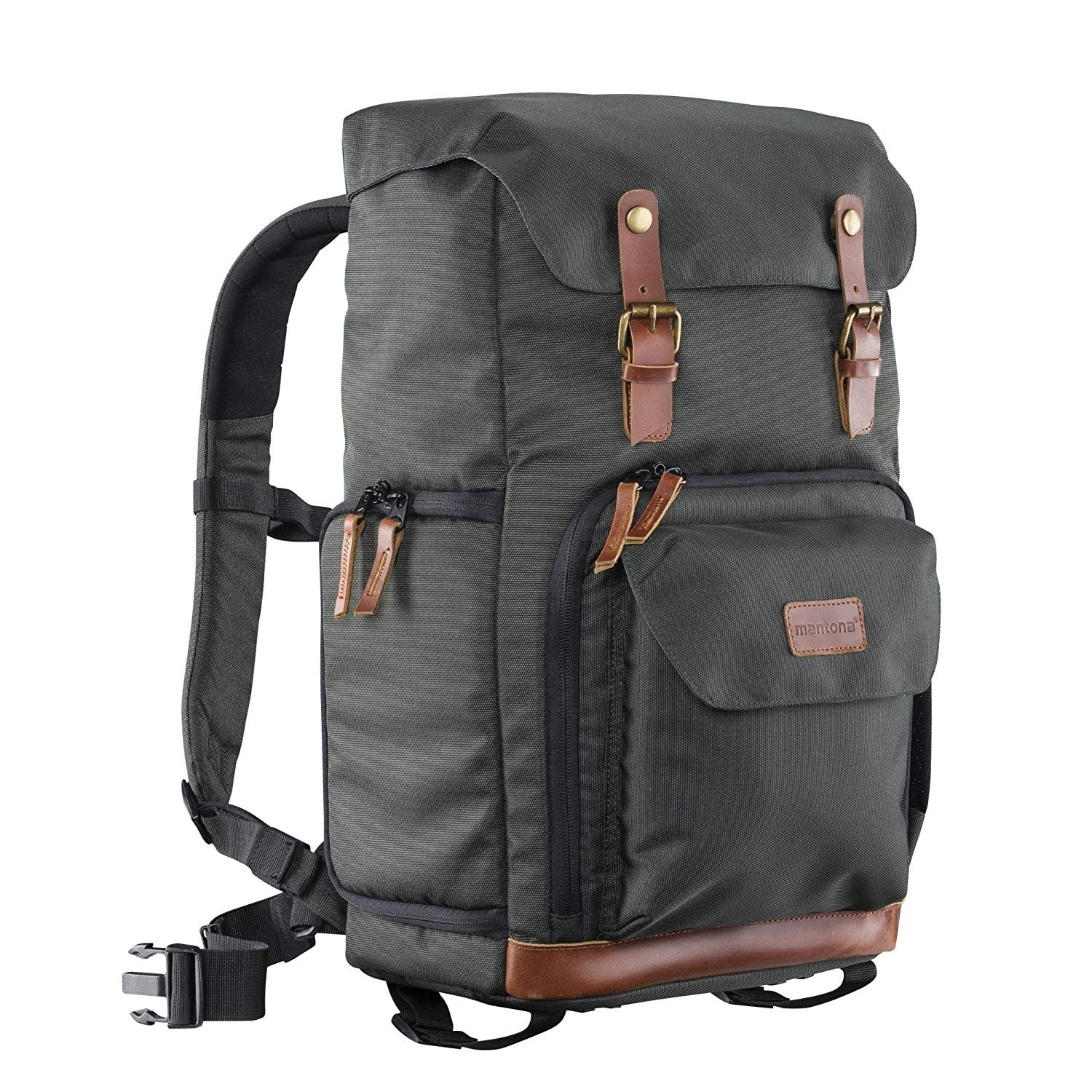 Mantona Luis Retro photo backpack with genuine leather applications, incl. rain cover