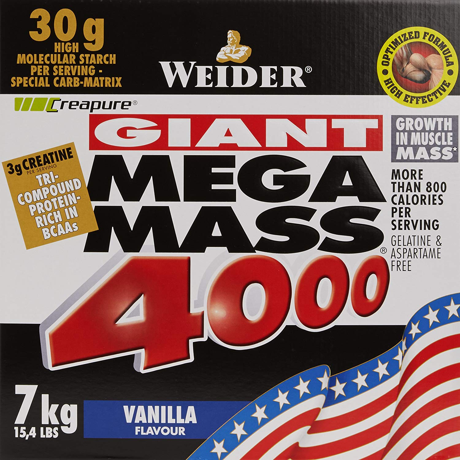 Weider Mega Mass 4000, Vanilla, Protein Rich Formulation with Creapure Creatine, High Quality Complex Carbs, Muscle Building, 7kg
