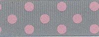 Berisfords 15 mm Polka Dot Spotty Grosgrain Ribbon, Grey/Pink