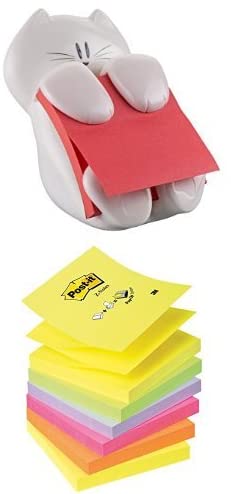 Post it Notes Cat Dispenser and Super Sticky Z Note Pad, Yellow, Blue, Green, Pink, Orange (6 pads, 100 sheets per pad)