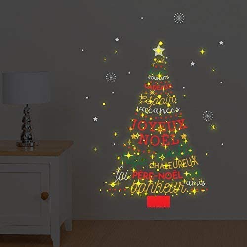 WALPLUS COM-WS4027 French Quote Christmas Tree/WS3036 Moon and Stars Glow, Vinyl, Multi-Colour, 24 x 35 x 20 cm