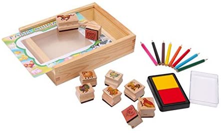 Small Foot 1478 Stamp Set Farm Animals with ink pad and coloured pencils for colouring in gift box, Mehrfarbig