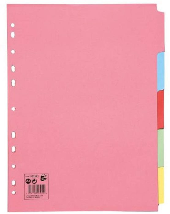 5 Star Subject Dividers Multipunched Manilla Board 5-Part A4 Assorted [Pack 10]