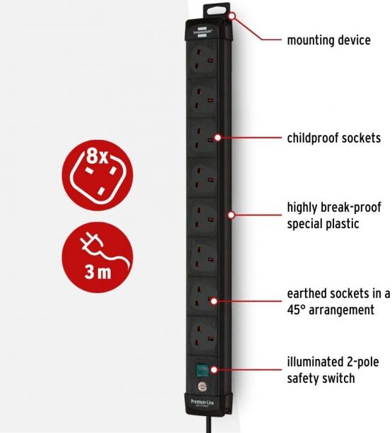 Brennenstuhl Premium-Line 8-Way Extension Lead (Power Strip with Switch and 3m Cable, Extension Cord with 80° Angle of Sockets, Made in Germany) Black - Image 2