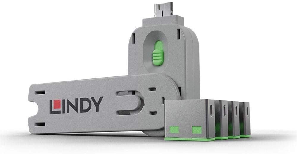 LINDY USB Port Blocker - Pack of 4 Colour Code: Green, 4 Pack + Key