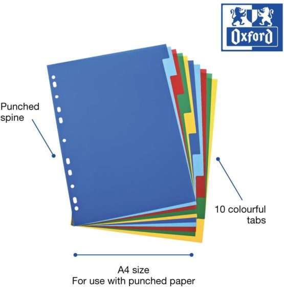 Oxford A4 Plastic 10 Part Dividers, Assorted, 1 Set - Image 2