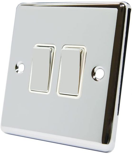 AET CPC2GSWIWC Polished Chrome Classical White Insert Metal Rocker Switch-10 Amp Double 2 Gang 2 Way Light Switch
