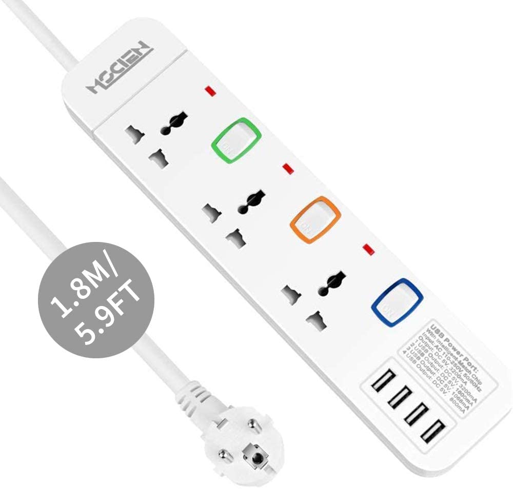 Mscien Travel Extension lead with USB to EU 3 Way Individually Switched