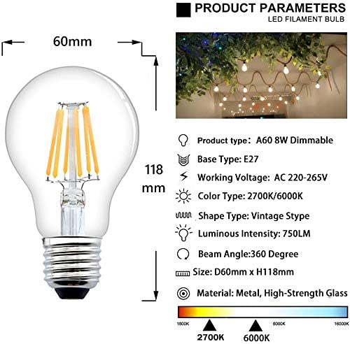 Bonlux 8W E27 Screw Antique Dimmable LED Filament Bulb Warm White 2700K ES A60 GLS Globe LED Vintage Edison Screw Light Bulb Classic 75 Incandescent Equivalent 750lm Energy Saving Bulbs(4-Pack) - Image 3