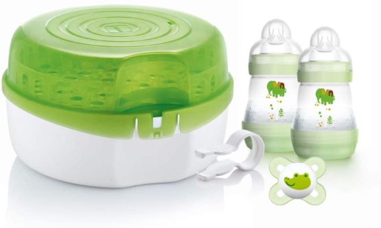 MAM Microwave Steam Steriliser, Comes with 2 x MAM Easy Start Self Sterilising Anti-Colic Baby Bottles and Baby Soother, Bottle Steriliser for Babies