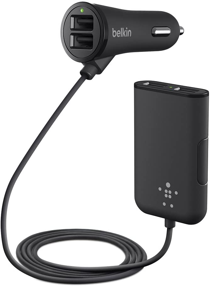 Belkin F8M935BT06 Road Rockstar Fast Charging Family Car Charger with 4 Multi USB Ports, 6 ft/1.8 m Cable for All Smartphones, iPhone, Android, Tablet and Nintendo Switch, Black