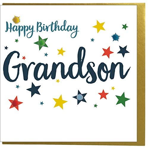 Claire Giles Greeting Cards, Happy Birthday Grandson Card, Stars design Birthday Greeting Card, Embellished with colourful Pompoms - Image 2