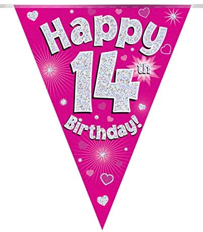 Party Bunting Happy 14th Birthday Pink Holographic 11 flags 3.9m, 36 cm (L) x 23 cm (W)