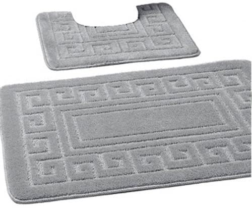 EDS Luxury 2 Piece Greek Bath Mat Set Non Slip Ultra Soft Bathroom Mats Water Absorbent Bath Mats Machine Washable Rug Toilet Mat for Bathroom Floor (Silver)