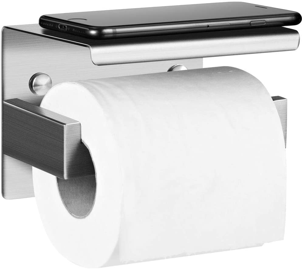 Aikzik Toilet Roll Holder Self Adhesive, Screw-in Wall Mounted Toilet Paper Holder with Phone Shelf