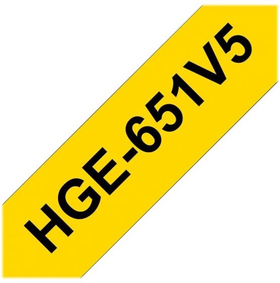 Brother HGe-651V5 Labelling Tape Cassette, Value Pack, Black on Yellow, 24mm (W) x 8M (L), Laminated, Includes 5 x Tapes, Brother Genuine Supplies