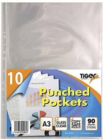 Tiger A3 Portrait Punched Pockets 90 Micron Top Opening x 10 Pockets, Clear/Multicolour, A3 Portrait x 10