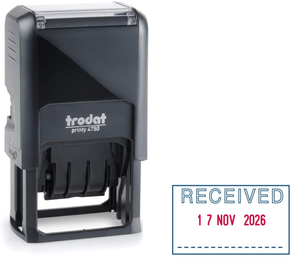 Trodat Printy 4750 Dater Stamp with English Phrase RECEIVED, Self Inking, Red Ink Date and Blue Text, Black Body