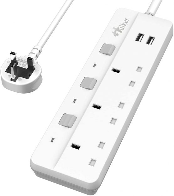 Hulker Extension Lead with USB slots Power Strips with USB ports 3 Way Outlets 2 USB Ports Surge Protection UK Plug with Fuse 13A Extension cord with Shutter 3 Way +2 USB
