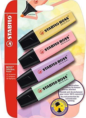 STABILO BOSS ORIGINAL Pastel - Highlighter - Pack of 4 - Hint of Mint, Pink Blush, Milky Yellow, Lilac Haze