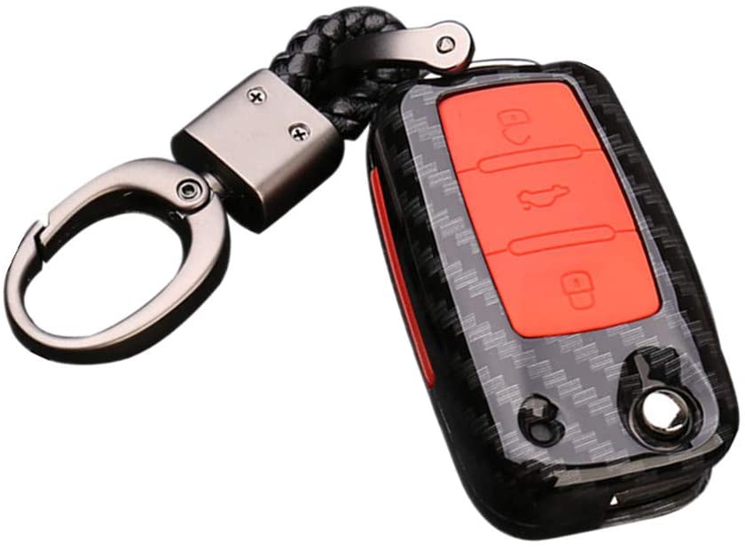 Happyit ABS Carbon Fiber Shell+Silicone Car Key Cover Case Keychain for Volkswagen VW Bora Beetle Tiguan Polo Passat B5 B6 MK5 6 Jetta Sagitar Golf 6 3 Buttons Remote (B Black + red)