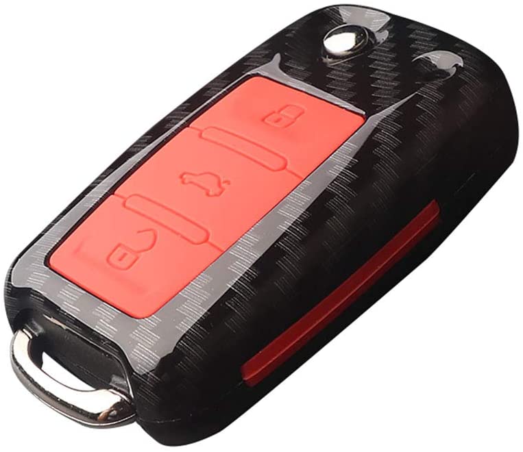Happyit ABS Carbon Fiber Shell+Silicone Car Key Cover Case Keychain for Volkswagen VW Bora Beetle Tiguan Polo Passat B5 B6 MK5 6 Jetta Sagitar Golf 6 3 Buttons Remote (B Black + red) - Image 3