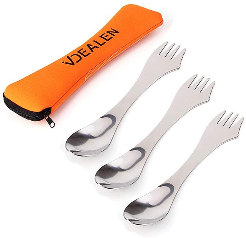 Vdealen Stainless Steel Spork's Extremely Strong Set, Fork & Knife Combo Utensil for Camping 3-Pack, Curve with Serrated Edge On Fork