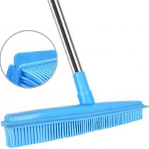 Lanhope Push Broom Rubber Bristles Sweeper Squeegee Edge with 51 inch Adjustable Long Handle Non Scratch Bristle, Indoor Outdoor Broom for Pet Cat Dog Hair Carpet Hardwood Tile Windows Cleaning (Blue)