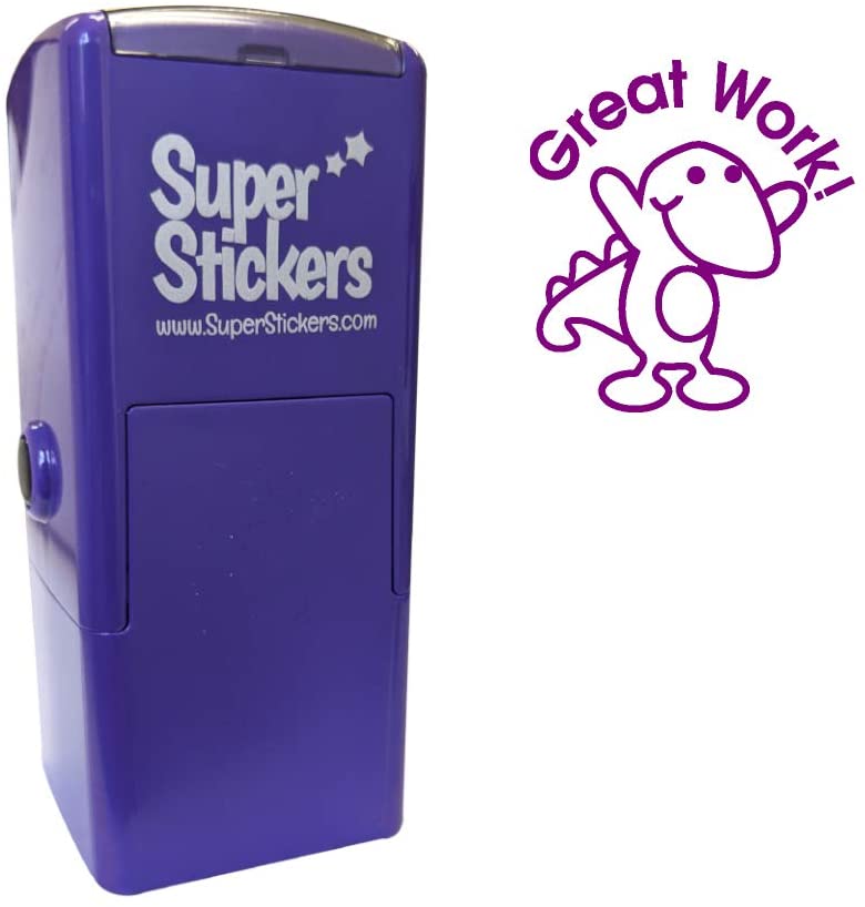SuperStickers Great Work Dinosaur Pre Inked Stamper - Purple, 28mm Impression. Positive Stamp for Marking