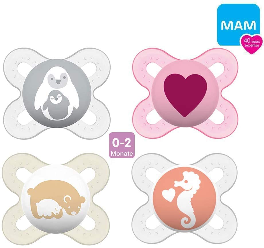 MAM Skin Soft Silicone Dummy Start Especially for Premature and Newborns Extra Small // 0-2 Months Girl //Day & Night Ppack of 4 (2+2) // Includes 2 Sterilised Transport Boxes