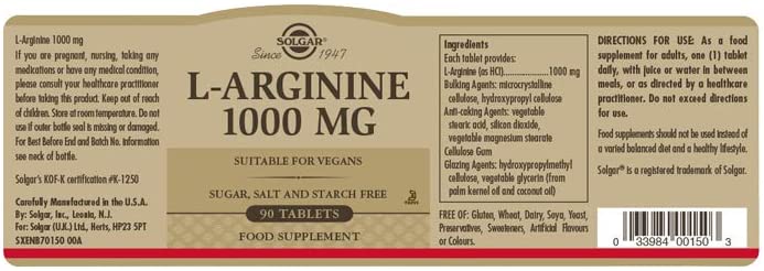 Solgar L-Arginine 1000mg Tablets - Pack of 90 - for a Healthy Metabolism - Ideal for Athletes - Vegan and Gluten Free, Gold - Image 2