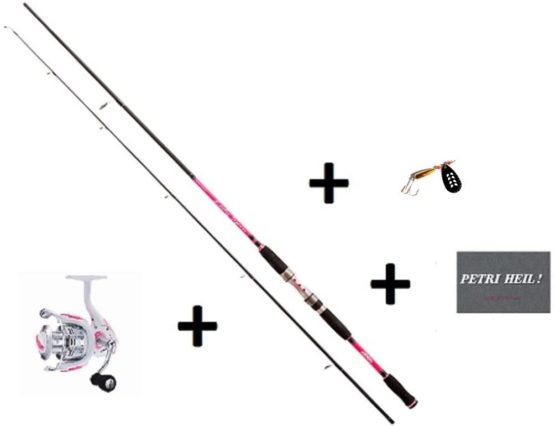 Set: Jenzi Lady Spin Pink 25g 2,40 m Fishing Rod + Reel Cindy FX2500 + Free Bait and Petri Heil. [German Language