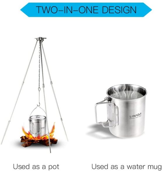 Lixada Camping Water Cup with Foldable Handles and Lid 750ml Stainless Steel Mug Hanging Pot for Camping Hiking Backpacking Picnic - Image 3