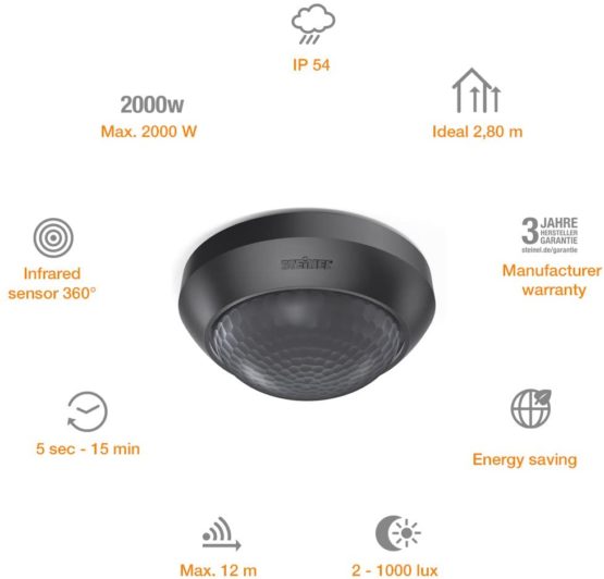 Steinel Motion Detector IS 360-3 Black, 2000 W Capacity, 360° PIR Sensor, 12 m Range, LED Suitable, Ceiling Mounting - Image 4