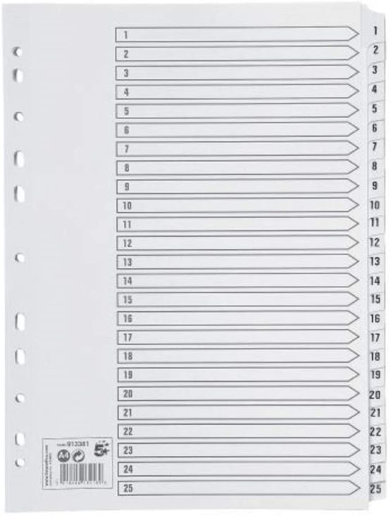 5 Star Index 230 micron Card with Clear Mylar Tabs 1-25 A4 White