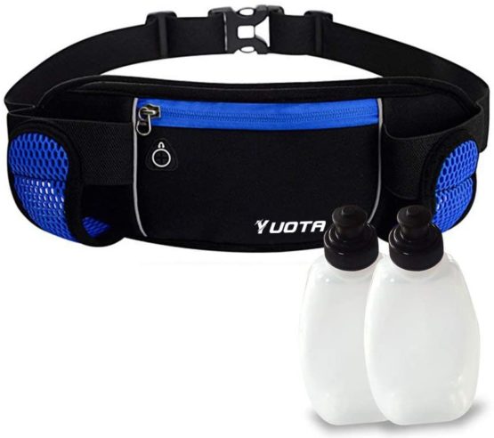 YUOTA Running Belt Waist Pack w/t 2 Water Bottles and Holders, Waterproof Sport Bum Bag Cycling Waist Bag for Man and Woman Fitness, Elastic Strap and Headphone Hole for Camping Climbing Hiking