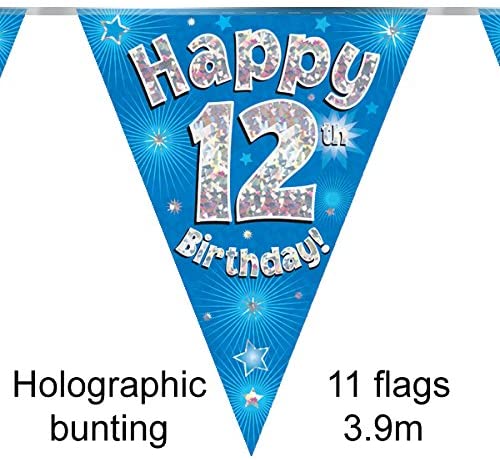 Party Bunting Happy 12th Birthday Blue Holographic 11 Flags 3.9m, 10 cm x 6 cm