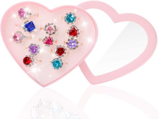 Hifot 12 pcs Girls Crystal Adjustable Rings, Princess Jewelry Finger Rings with Heart Shape Box, Girl Pretend Play and Dress up Rings for Children Kids Little Girls - Image 3