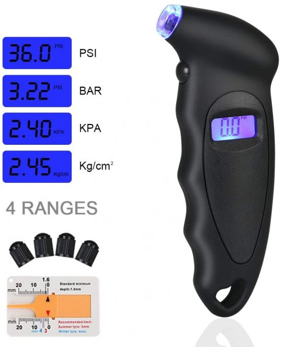 URAQT Tyre Pressure Gauge, 4 Ranges Digital Inflator Tyre with Tyre Tread Depth Gauge and 4 Pcs Valve Caps, Backlight LCD Display 150 PSI ABS Non-Slip Grip for Car, Truck, Bicycle, Motorcycles